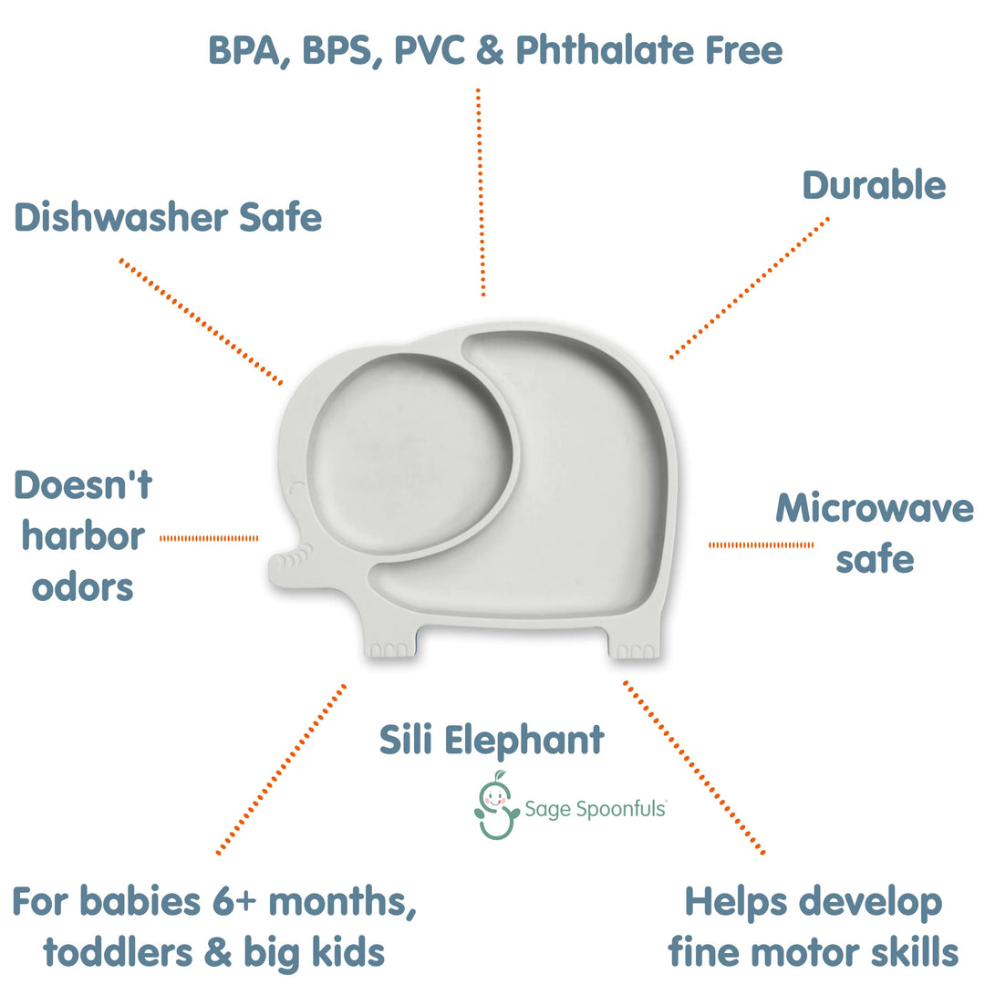 Sili Elephant Divided Toddler or Baby Suction Plate - 100% Silicone Plate, BPA-Free - Gray - Microwave, Dishwasher and Oven Safe