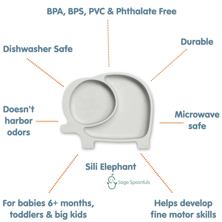 Sili Elephant Divided Toddler or Baby Suction Plate - 100% Silicone Plate, BPA-Free - Gray - Microwave, Dishwasher and Oven Safe