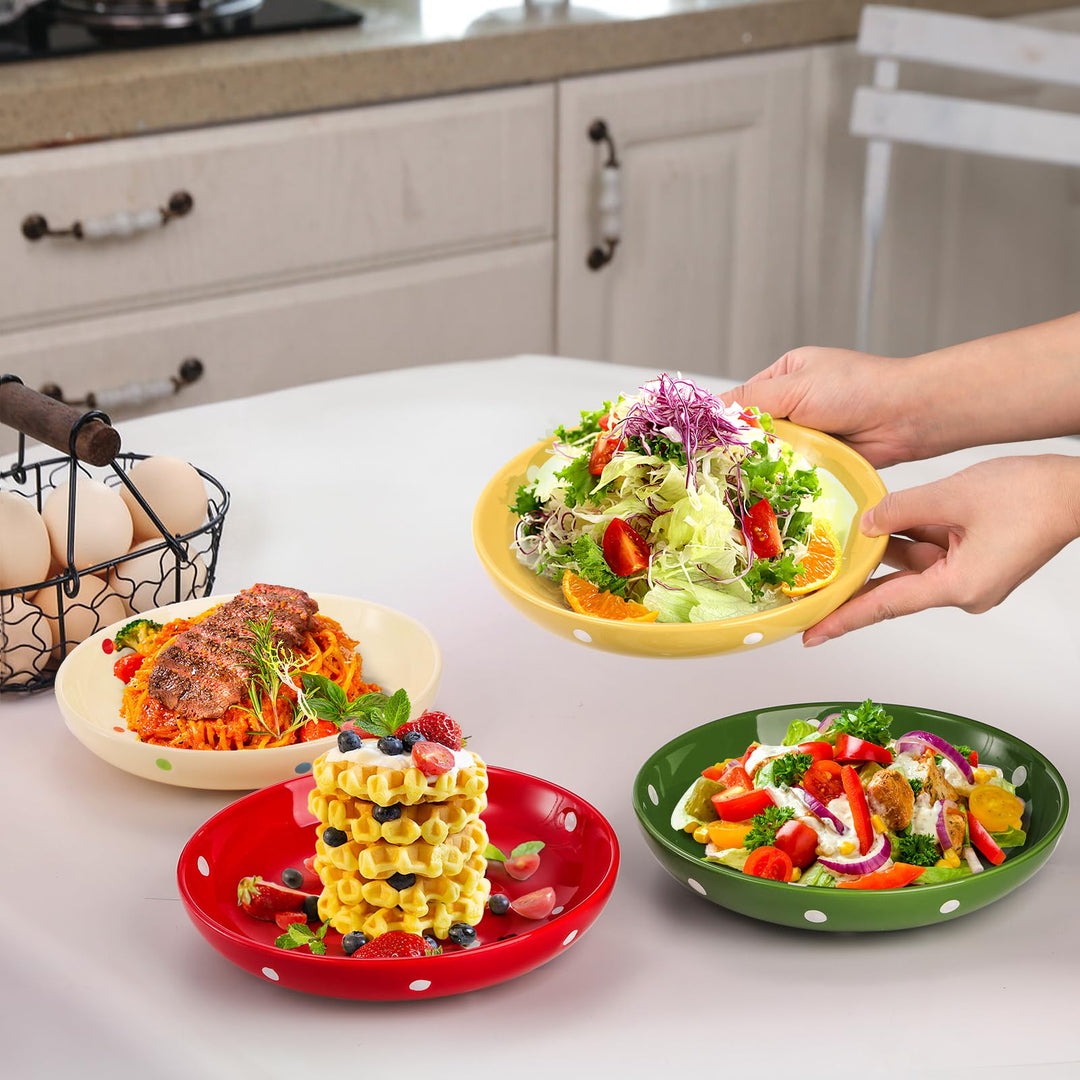 4 Pack Porcelain Dessert Plates, 8 Inch Small Appetizer Salad Plate, Kitchen Serving Flat Dishes for Snacks, Appetizer, Ice Cream, Fruit, Wedding Cake Plate, Polka Dot