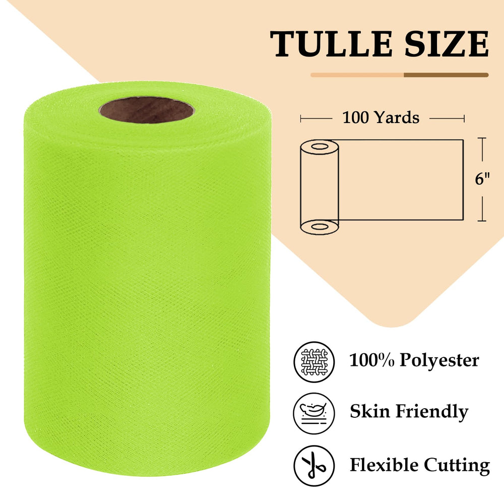 Fluorescent Green Tulle Fabric Roll 6 Inch by 100 Yards (300 feet) Sheer Tulle Netting Spool Tulle Ribbon for Halloween Decoration Tutu Skirt Gift Wrapping Wedding Baby Shower Party DIY Crafts