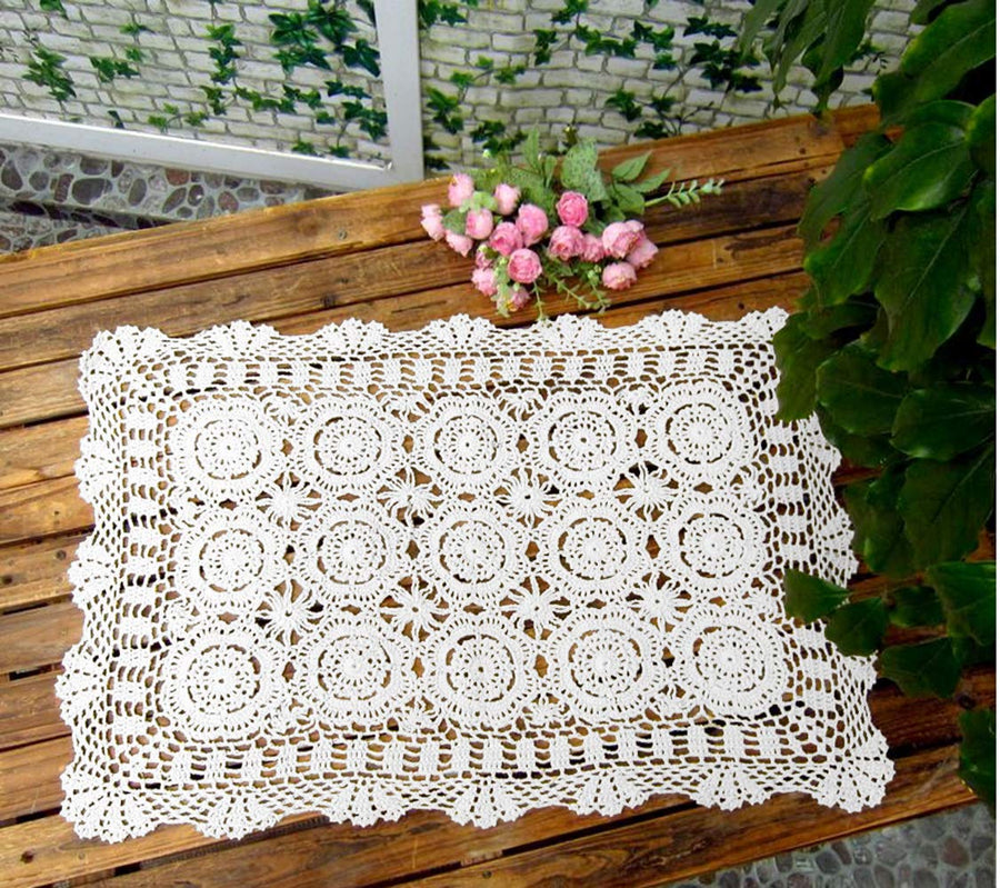 Rectangular Cotton Handmade Crochet Lace Table Runner Doilies Table Dresser Scarf Décor,19 Inch by 24 Inch,White