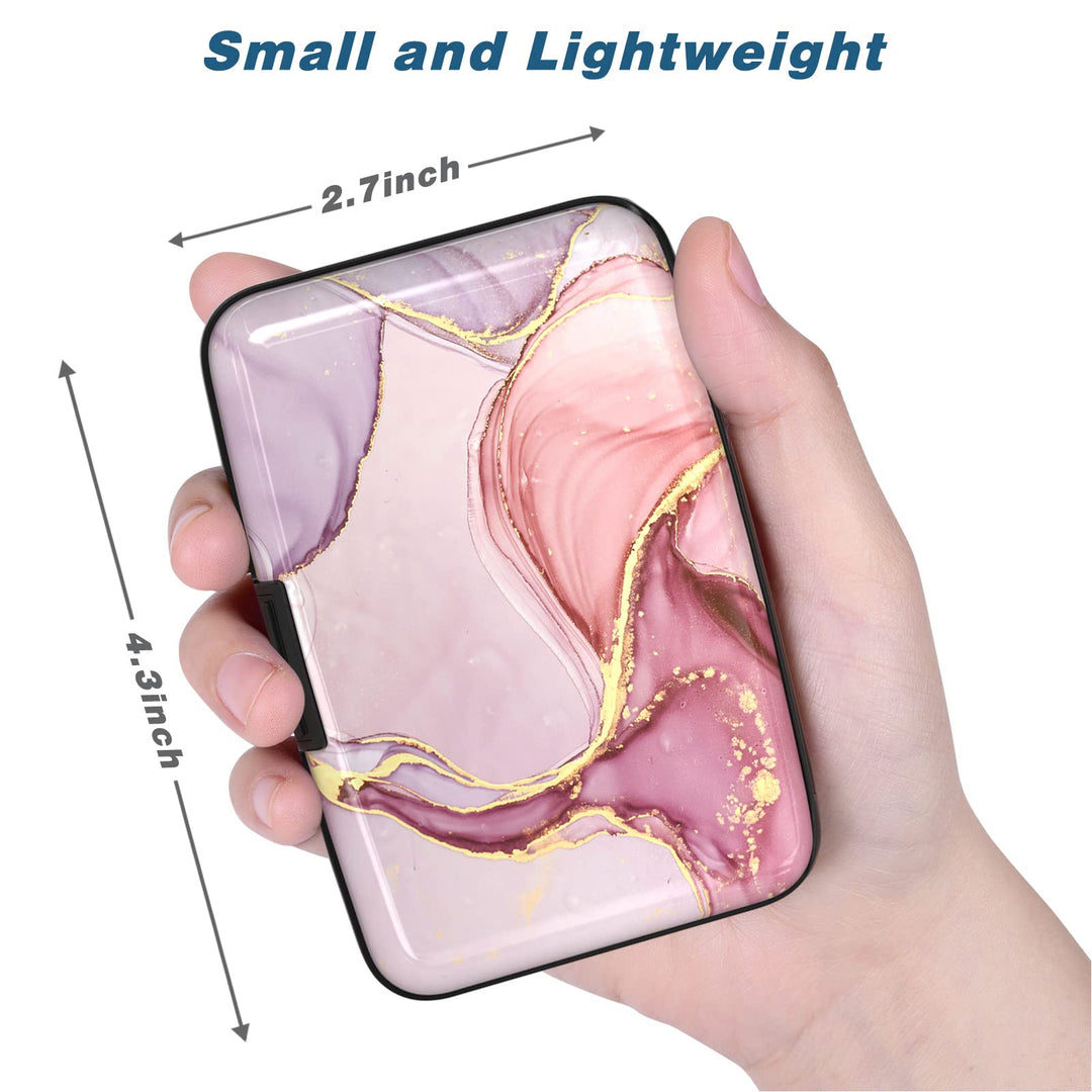 Credit Card Holder, Mini Aluminum Card Wallet RFID Blocking Slim Metal Hard Card Case for Women Men, Pink Marble