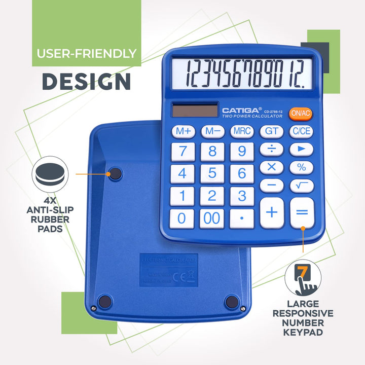 Desktop Calculator 12 Digit with Large LCD Display and Sensitive Button, Solar and Battery Dual Power, Standard Function for Office, Home, School, CD-2786 (Blue)
