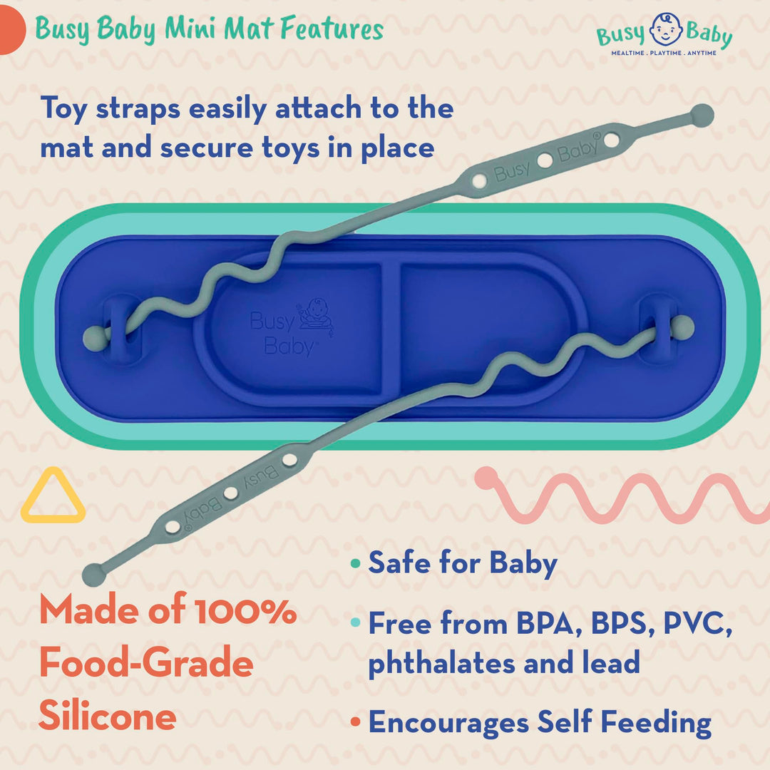 BUSY BABY MAT | Silicone Mini Suction Placemat for Babies & Toddlers with Adjustable Tethers to Attach Toys | Keep Toys Off The Floor, Dishwasher Safe, BPA Free | includes Travel Sleeve (Yellow)