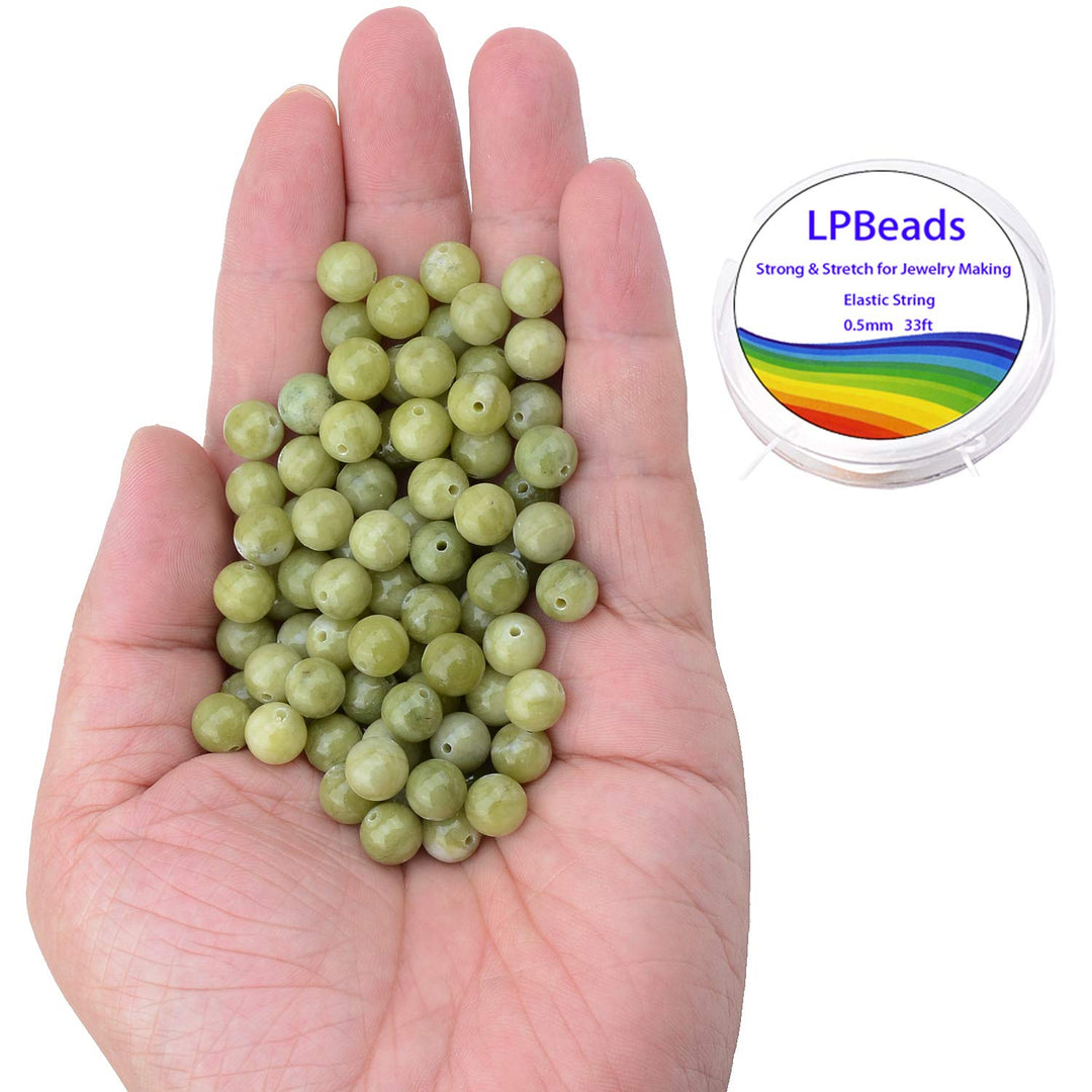 100PCS 8mm Natural Green Jade Beads Gemstone Round Loose Beads for Jewelry Making with Crystal Stretch Cord