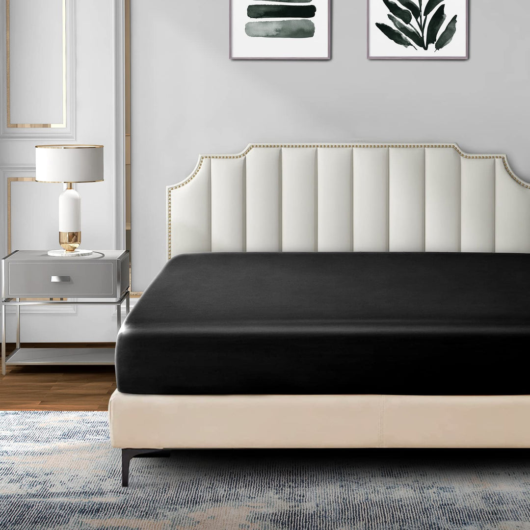Satin Fitted Sheet King Size, 1 Single Fitted Sheet Only, Extra Soft Deep Pocket Bottom Bed Sheets Mattress Cover Fits 12 to 16, Wrinkle Free, Fully Elasticized (Black)