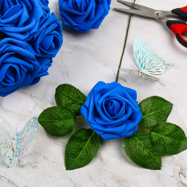Blue Fake Rose Flowers in Bulk,30 Pcs Artificial Foam Flowers with Stem for Wedding Centerpieces,DIY Bouquets,Craft and Home Floral Arrangement Decorations