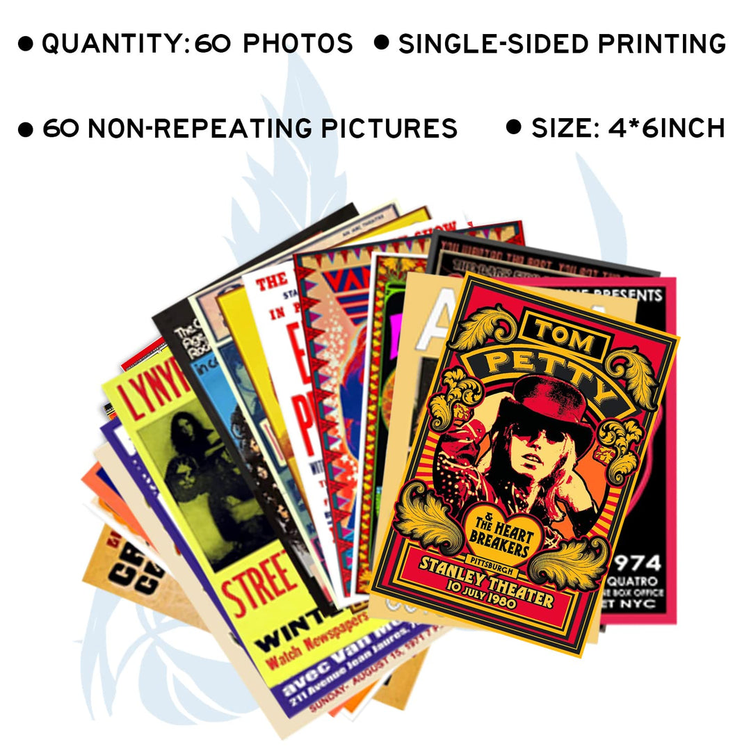 60 PC Vintage Rock Band Posters, 70s 80s 90s Retro Concert Prints, Bedroom Wall Art, Album Cover Collage, 4x6 Inch (Set of 60)