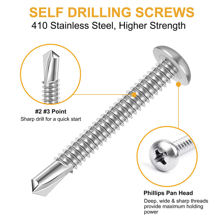 415Pcs #6#8#10 Self Tapping Screws, 410 Stainless Steel Phillips Pan Head Self Drilling Screws Assortment, Assorted Sheet Metal Screws