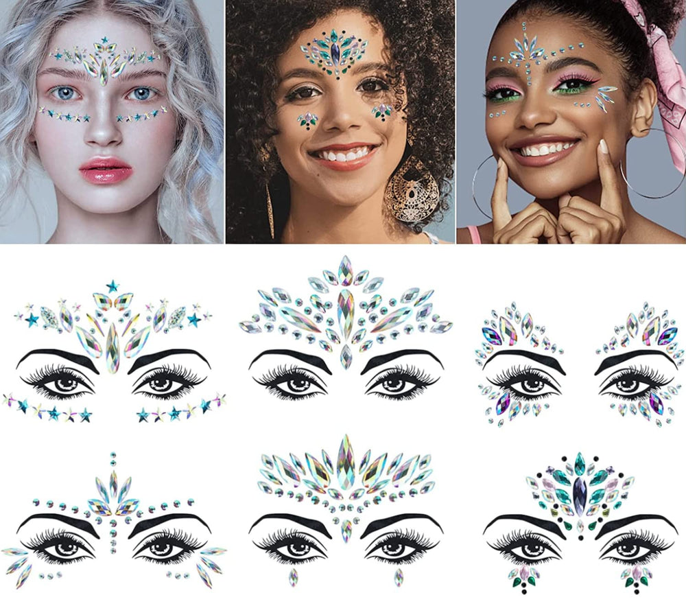 4 Sets Mermaid Face Gems Rhinestone Festival Jewels Crystals Temporary Tattoos