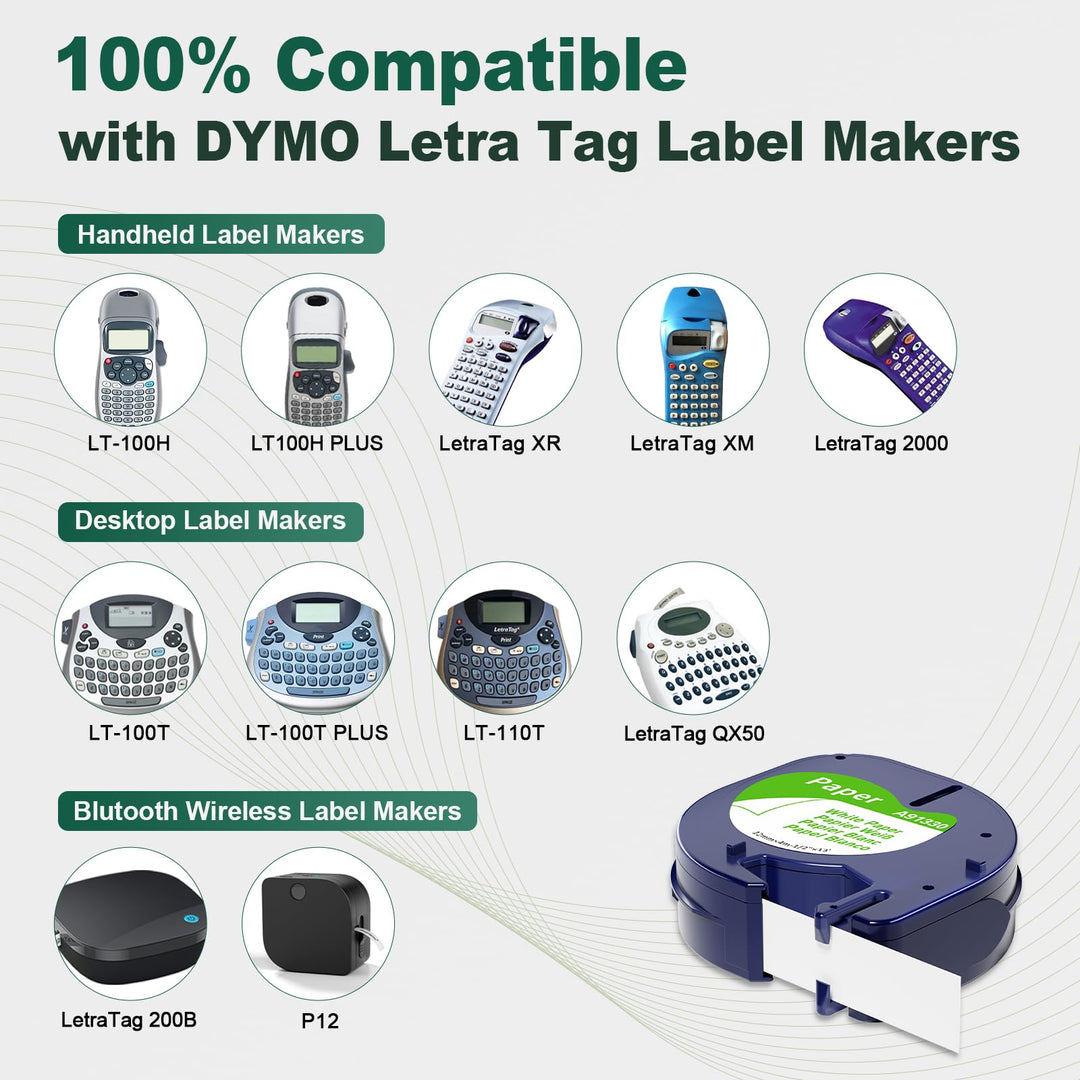 Label Maker Tape Replace for DYMO Letratag Refills White Paper, Compatible with 91330 Dymo Letratag Label Maker Refills 12mm x 4m(1/2 x13&#39;) for Dymo Letra Tag 200B LT100H LT100T Plus, 5-Packs