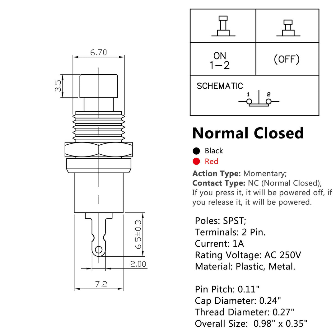 Momentary Push Button Switch,SPST Normal Closed NC Switch 2 Pin Mini Micro 1A 250V AC Black+Red Cap 30 PCS