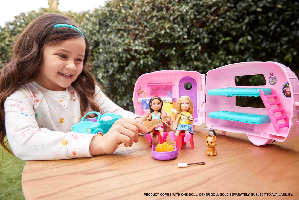 Club Chelsea Toy Car & Camper Playset, Blonde Chelsea Small Doll, Puppy & 10+ Accessories, Unhitch & Open for Campsite