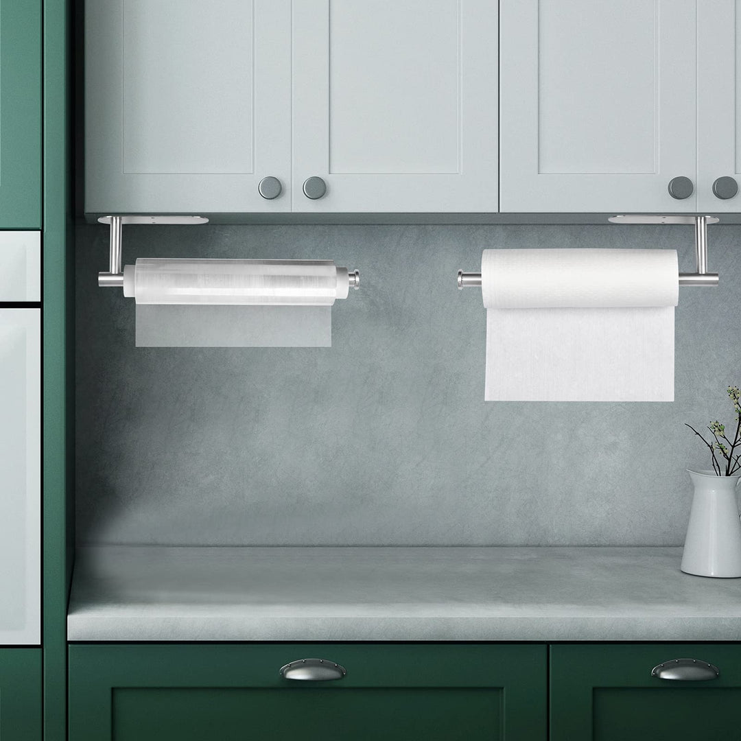 Paper Towel Holder Under Cabinet, Wall Mount Paper Towel Holder - Self Adhesive or Drilling, 13.2 inch Stainless Steel Paper Towels Rolls Rack for Kitchen, Bathroom, Silver