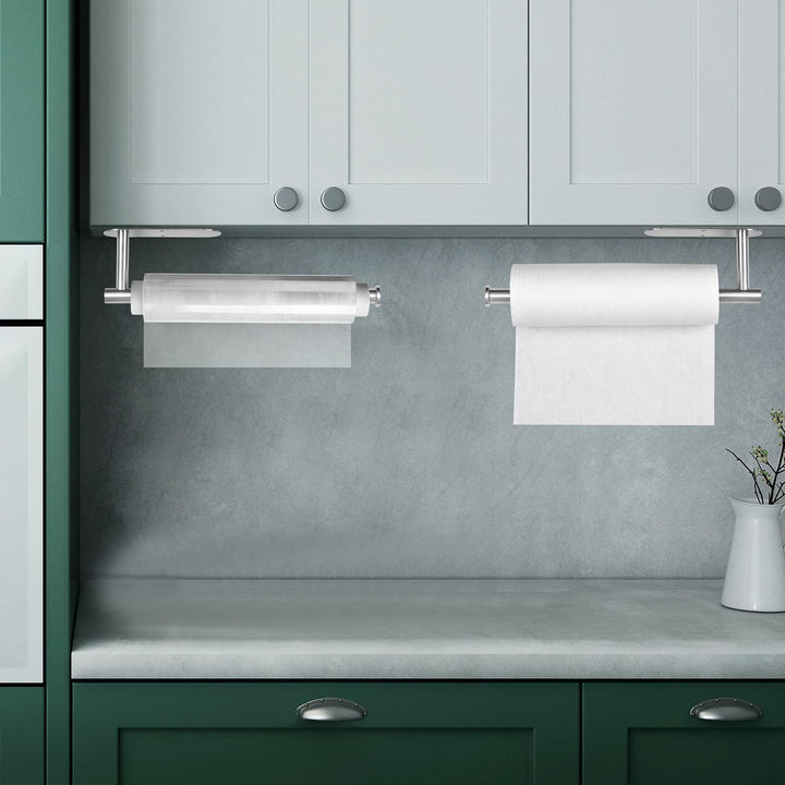 Paper Towel Holder Under Cabinet, Wall Mount Paper Towel Holder - Self Adhesive or Drilling, 13.2 inch Stainless Steel Paper Towels Rolls Rack for Kitchen, Bathroom, Silver