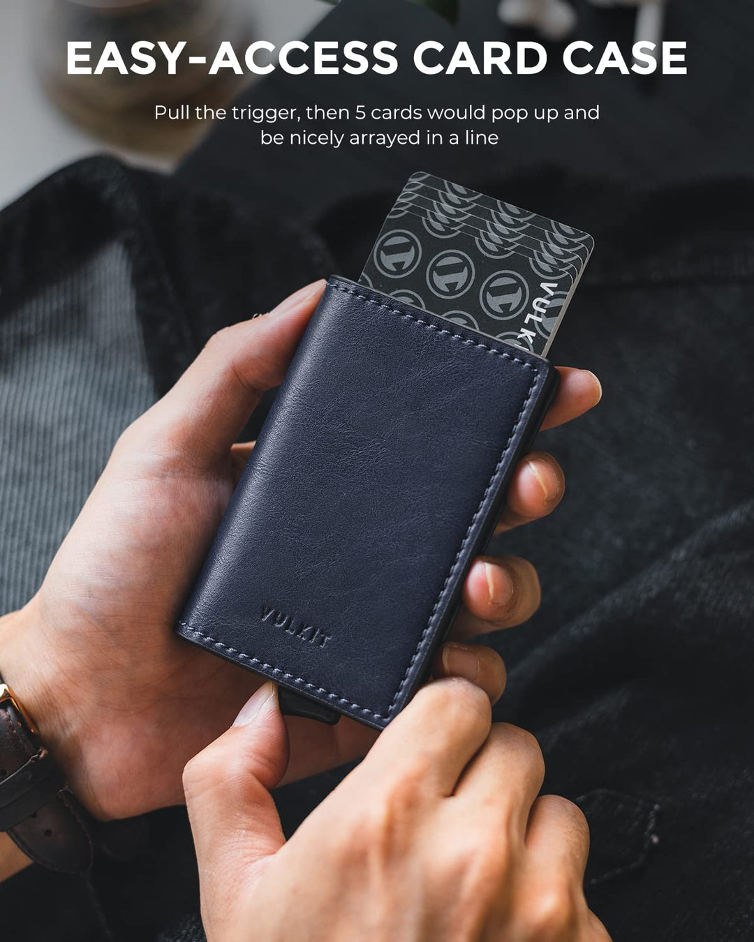 Credit Card Holder RFID Blocking Leather Automatic Pop Up Wallet Aluminum Slim Pocket Business Card Case Vintage Navy