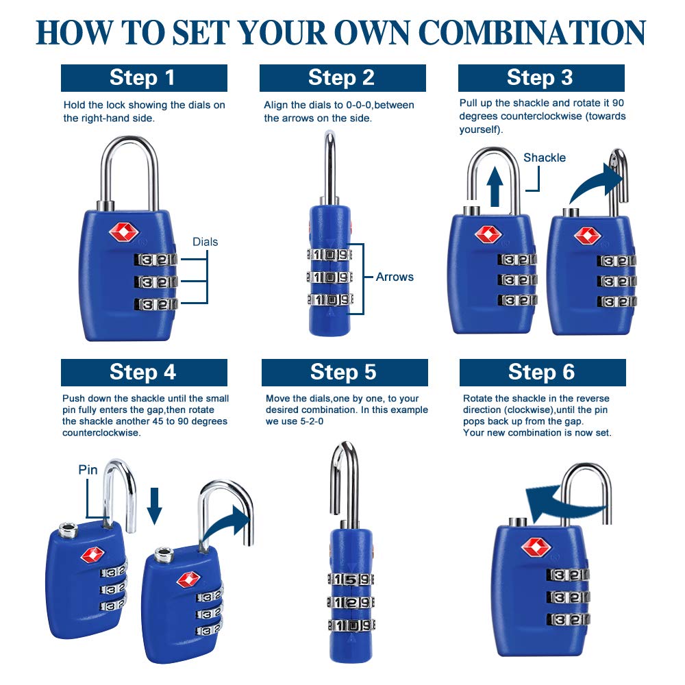 TSA Luggage Locks (4Pack) - 3 Digit Combination Padlocks - Approved Travel Lock for Suitcases &amp; Baggage (Dark Blue)