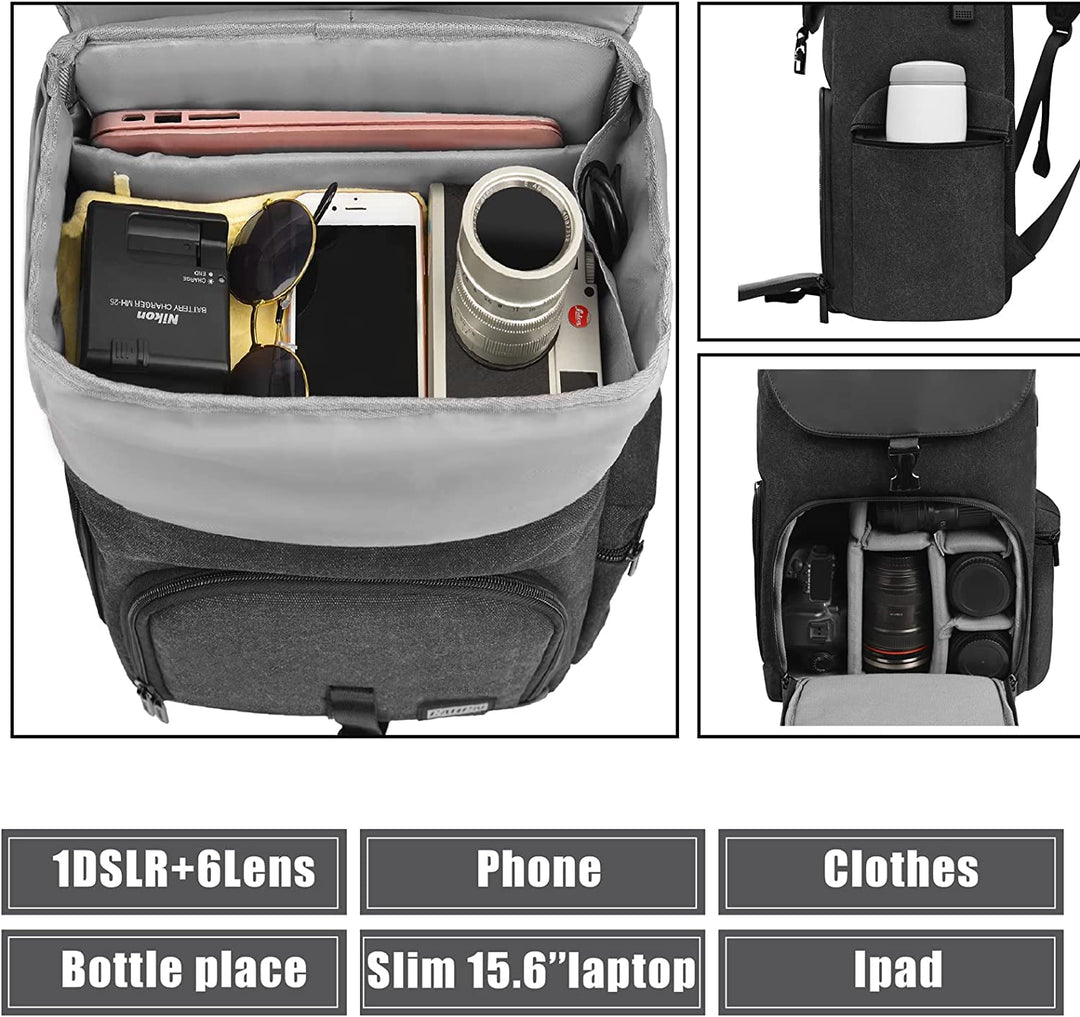 Camera Backpack Canvas Camera Bag for DSLR/SLR Mirrorless Camera with 15.6 inches Laptop Compartment, Camera Case Compatible for Sony Canon Nikon Cameras and Lens Tripod Waterproof Black