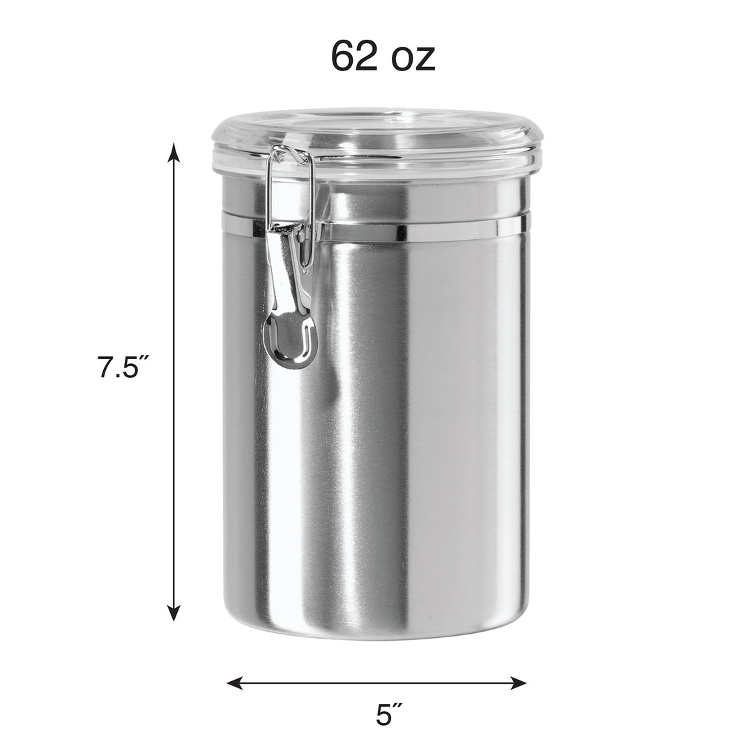 Stainless Steel Kitchen Canister 62 fl oz - Airtight Clamp Lid, Clear See-Thru Top - Ideal for Kitchen Storage, Food Storage, Pantry Storage. Large Size 5 x 7.5.