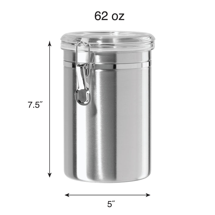 Stainless Steel Kitchen Canister 62 fl oz - Airtight Clamp Lid, Clear See-Thru Top - Ideal for Kitchen Storage, Food Storage, Pantry Storage. Large Size 5 x 7.5.
