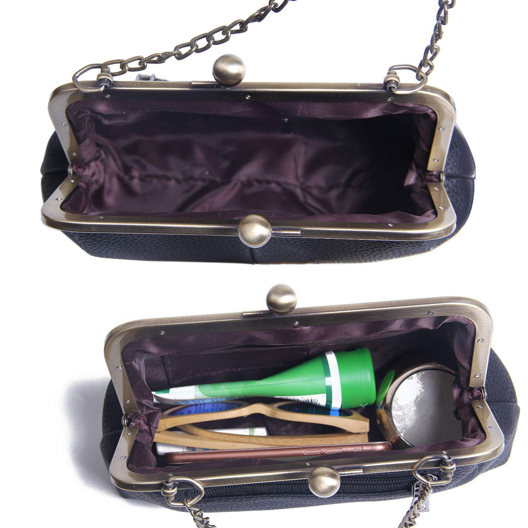 Women Classical Kiss Lock Clutch with Chain Strap Shoulder Bag Purse Wallet