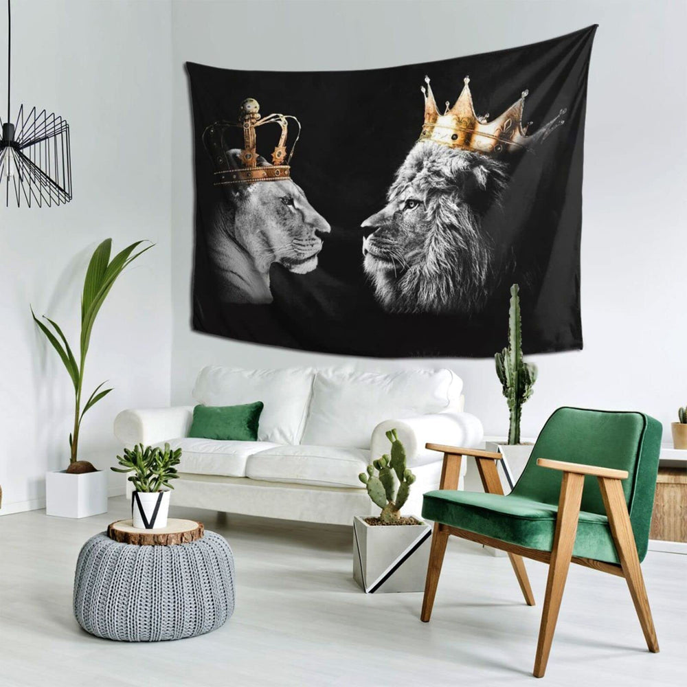 Black and White Lion Tapestry Art African King and Queen with Crown Tapestries Wall Hanging Wild Animal Home Decor Extra Large Tapestry for Bedroom Living Room Dorm Room 40x60