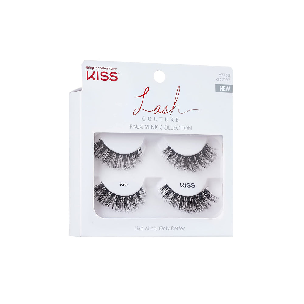 Lash Couture Faux Mink False Eyelashes Double Pack, Knot-Free Lash Band, Reusable, Contact Lens Friendly, Easy To Apply, Ultrafine, Tapered, Synthetic Fake Lashes, Style Soir, 2 Pairs