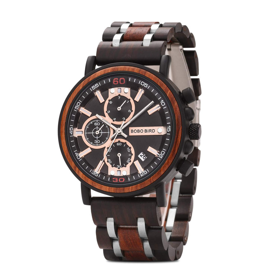 S18-1 Mens Wood Watch Stylish Wooden Stainless Steel Combined Chronograph with Luminous Pointers Fashion Timepiece for Men