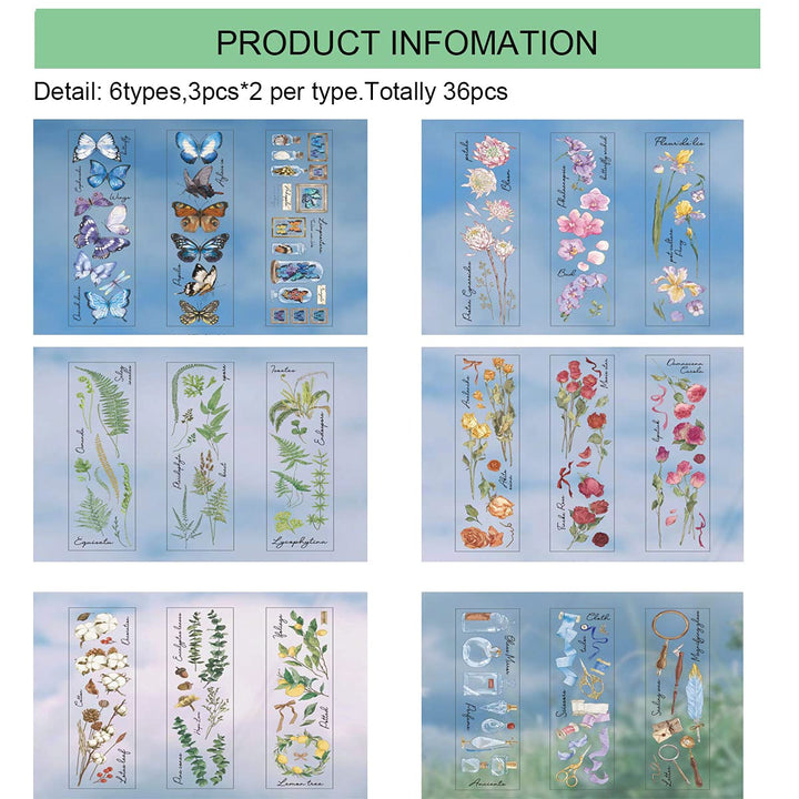 6 Pack Vintage Scrapbook Sticker Plant Rose and Butterfly Styles PET Transparent Decal for DIY Craft Card Making Scrapbook Journal and Planner