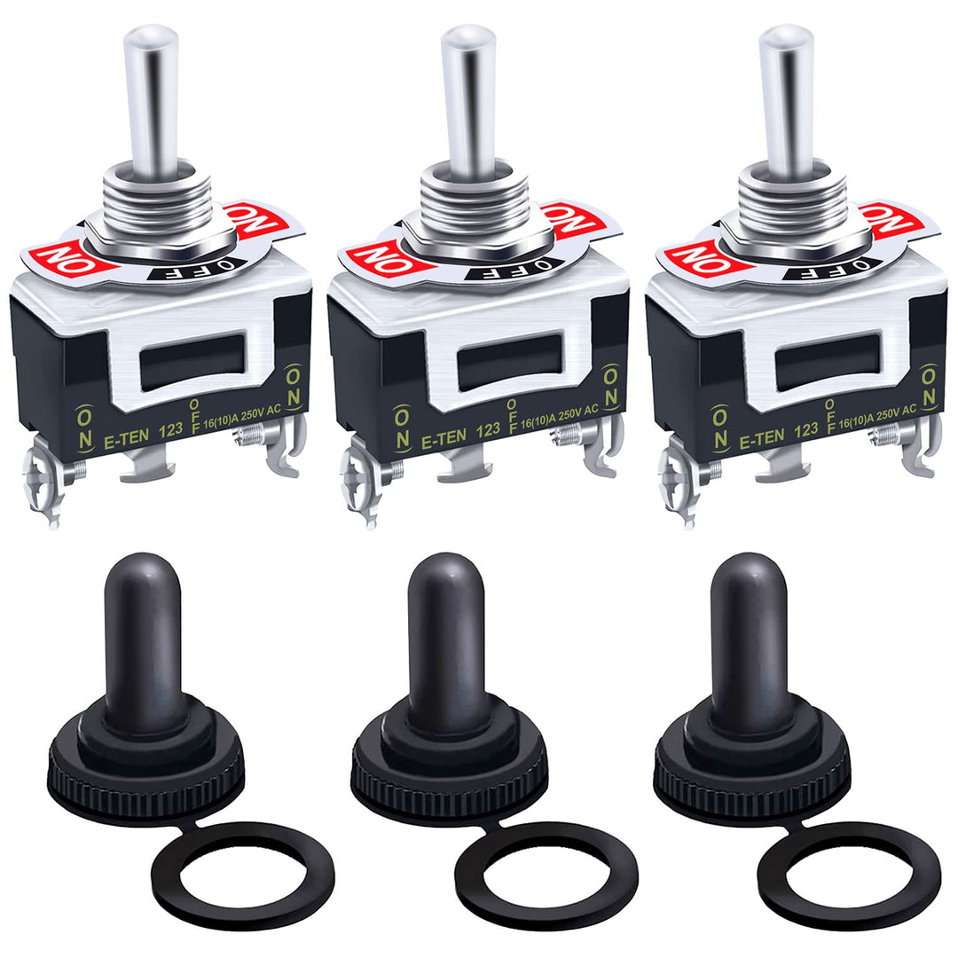 /3Pcs Heavy Duty Rocker Momentary Toggle Switch 16A 250V AC SPDT 3 Position 3 Pin (ON)-Off-(ON) Switch with Metal Bat Waterproof Boot Cap Cover Ten-123-B123