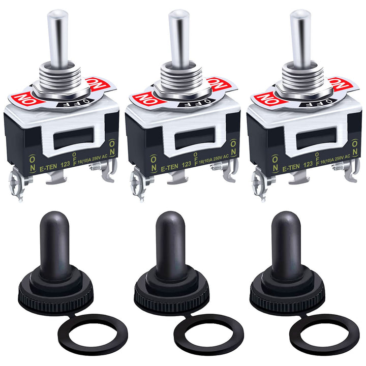 /3Pcs Heavy Duty Rocker Momentary Toggle Switch 16A 250V AC SPDT 3 Position 3 Pin (ON)-Off-(ON) Switch with Metal Bat Waterproof Boot Cap Cover Ten-123-B123