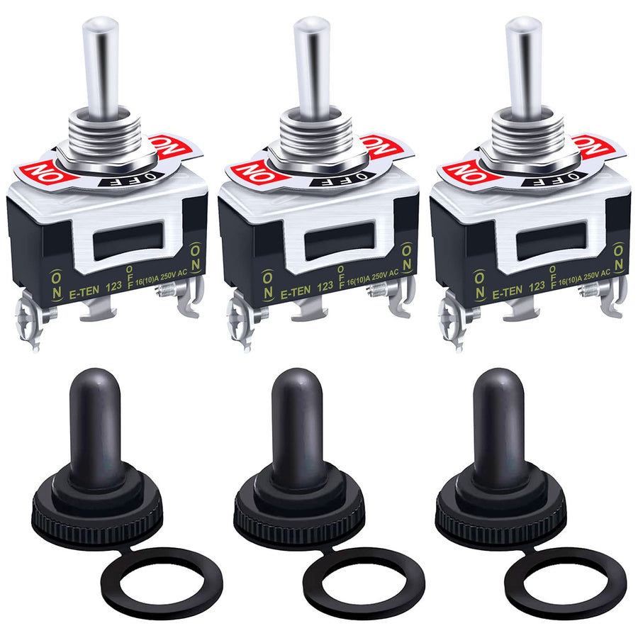 /3Pcs Heavy Duty Rocker Momentary Toggle Switch 16A 250V AC SPDT 3 Position 3 Pin (ON)-Off-(ON) Switch with Metal Bat Waterproof Boot Cap Cover Ten-123-B123