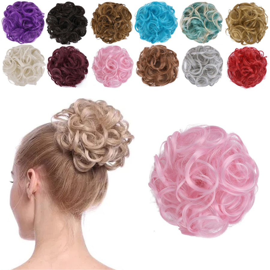 ELAINE Messy Curly Hair Bun Scrunchie Tousled Scrunchie Extensions Wrap Ponytail With Elastic Rubber Band Synthetic Donut Updo Hairpieces for Women Girls (#Light Pink)