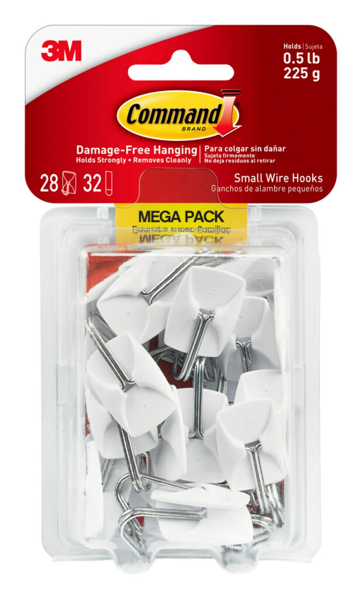 Small Wire Toggle Hooks, Damage Free Hanging Wall Hooks with Adhesive Strips, No Tools Wall Hooks for Hanging Organizational Items in Living Spaces, 28 White Hooks and 32 Strips