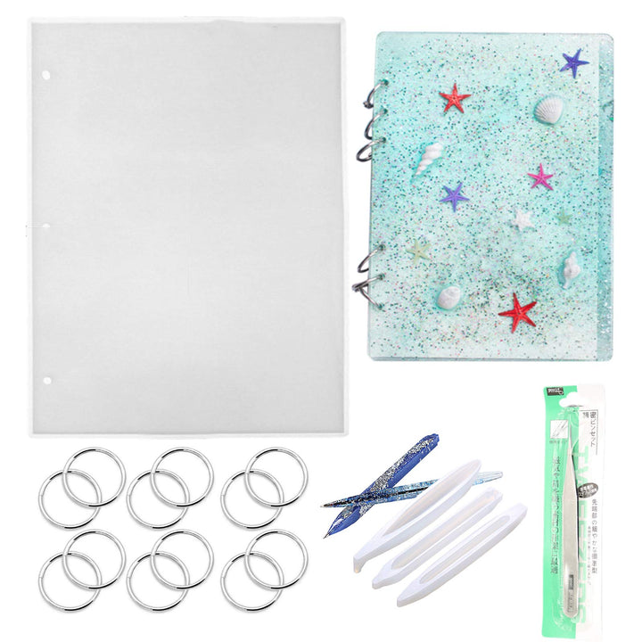 17 Pieces Resin Notebook Mold Kit, Include 1Pcs Notebook Cover Resin Casting Molds for A4, 3Pcs Epoxy Resin Pen Molds, 12Pcs Book Rings,1Pcs Tweezer