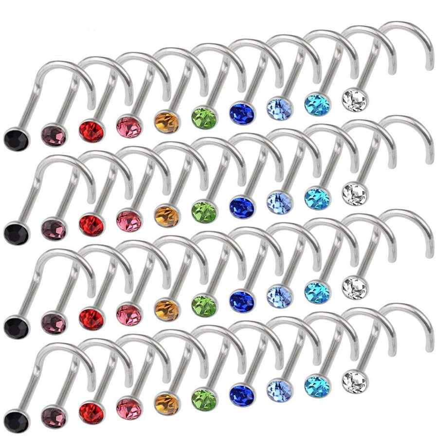 100pcs Mixed Color Stainless Steel Rhinestone Piercing Nose Studs Rings Body Piercing Hooks Hypoallergenic Screw Shape