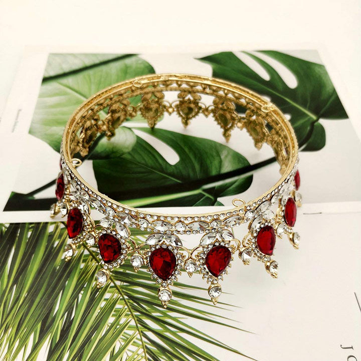 Bride Water Droplets Full Crown Pageant Crowns Princess Tiara Retro Round Crown Bride Hair Accessories (Red)