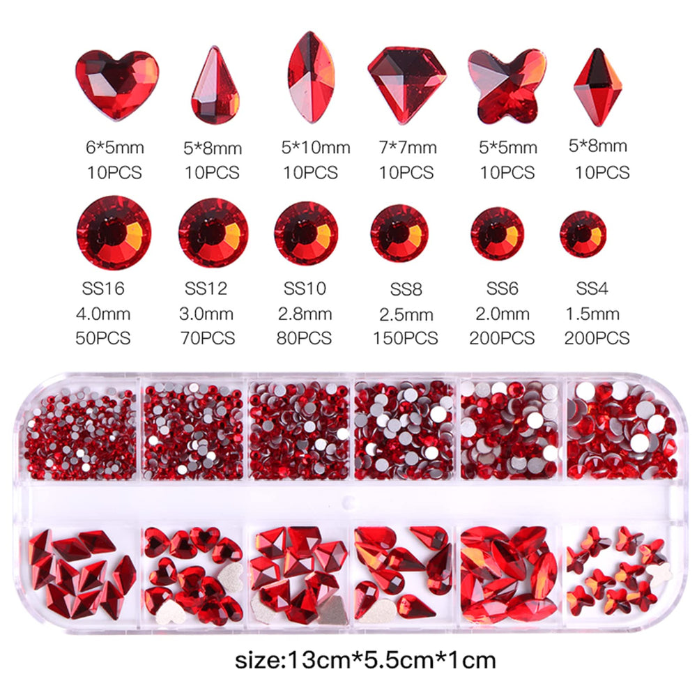 3D Red Rhinestones for Nails Design 810Pcs Nail Art Rhinestone Beads Flatback Gems for Nail Multi 6 Shapes Nails Crystal Diamonds for Nail DIY Craft Makeup Jewelry (A-Red)