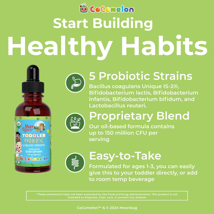 Cocomelon Toddler Probiotic Liquid Drops | Kids Probiotics for Ages 1-3 | 5 Probiotic Strains | 150 Billion CFU Per Serving | USDA Organic | Sugar Free | Gluten Free | 1 Fl Oz