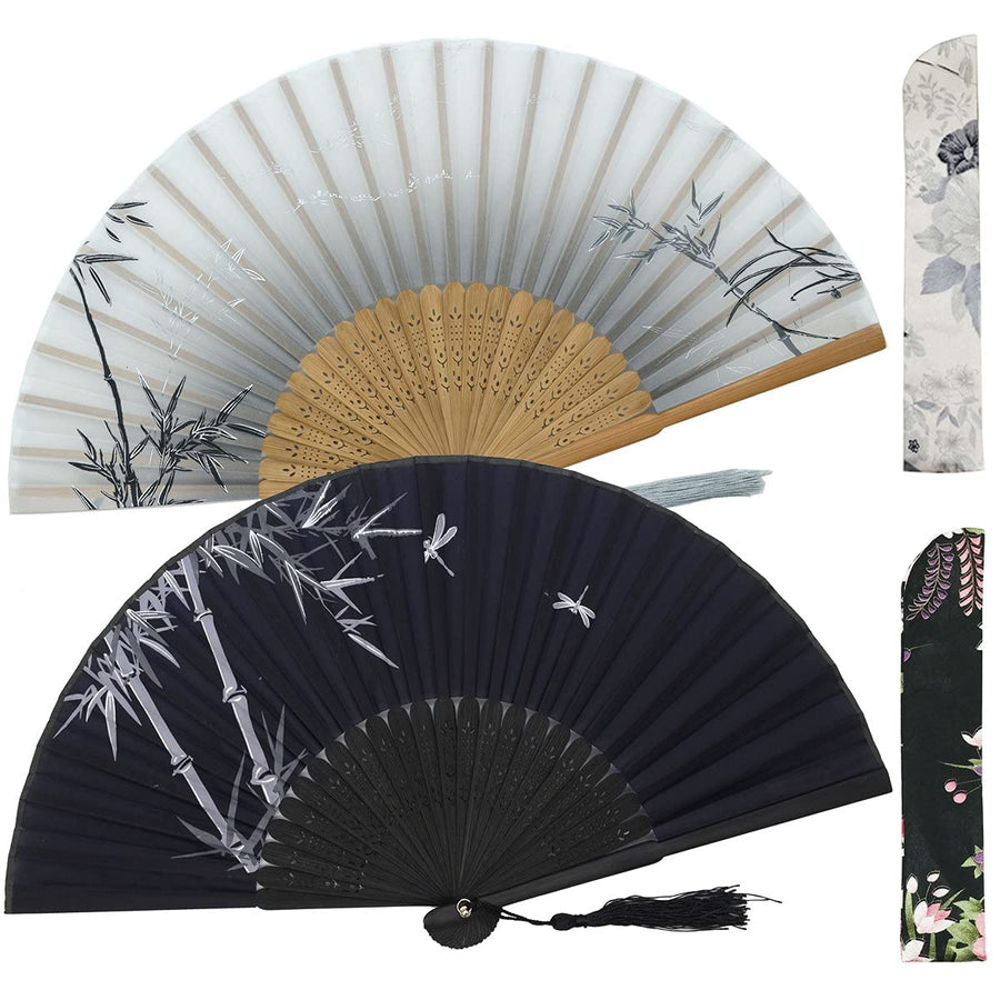 Small Folding Hand Fans for Women -Chinese Japanese 2pcs Vintage Bamboo Silk Fans - for Dance, Music Festival, Wedding, Party, Decorations,Gift. (Gray & Black Bamboo)