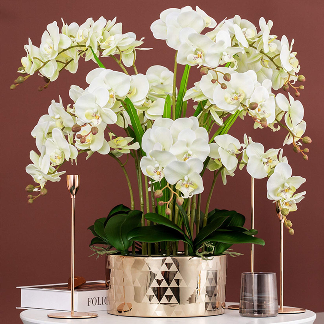 6 Pcs Artificial Phalaenopsis Flowers with 2 Bundles Leaves Artificial Orchid Flowers Stem Plants for Home Décor