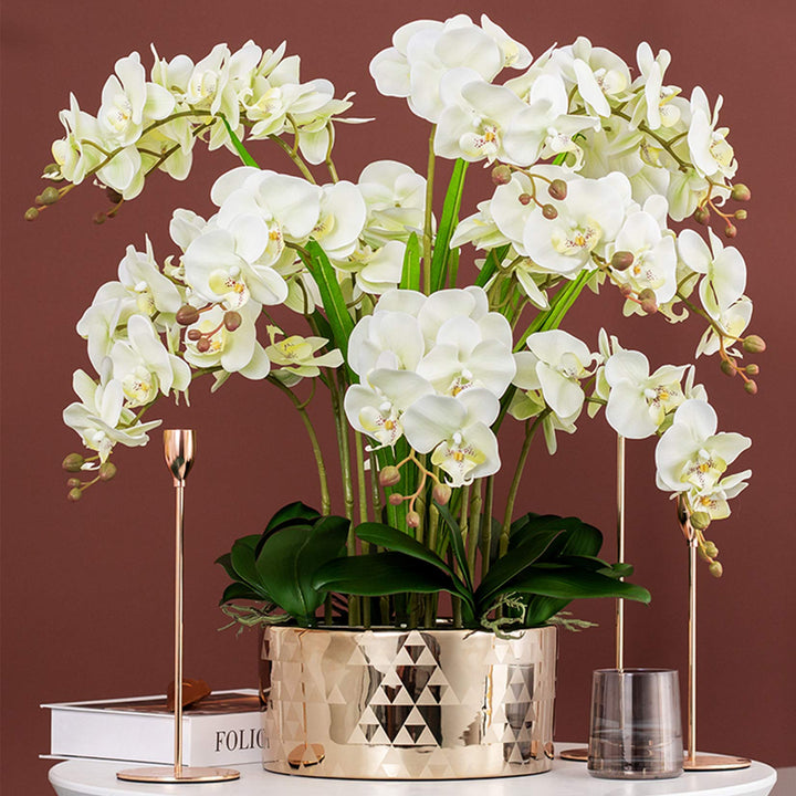 6 Pcs Artificial Phalaenopsis Flowers with 2 Bundles Leaves Artificial Orchid Flowers Stem Plants for Home Décor
