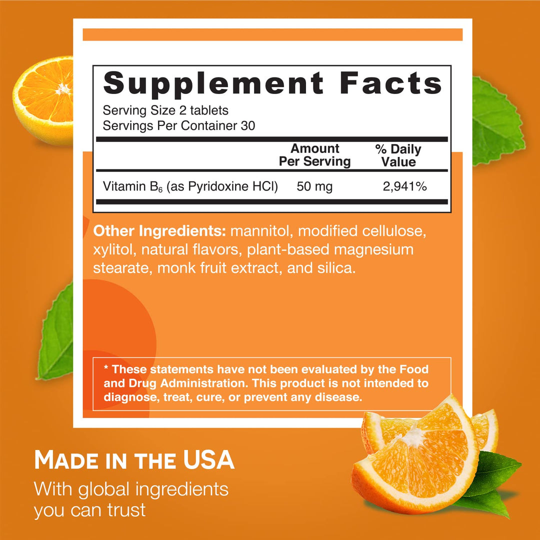 Dissolvable Vitamin B6 50 mg, Sugar-Free, 1-Month Supply