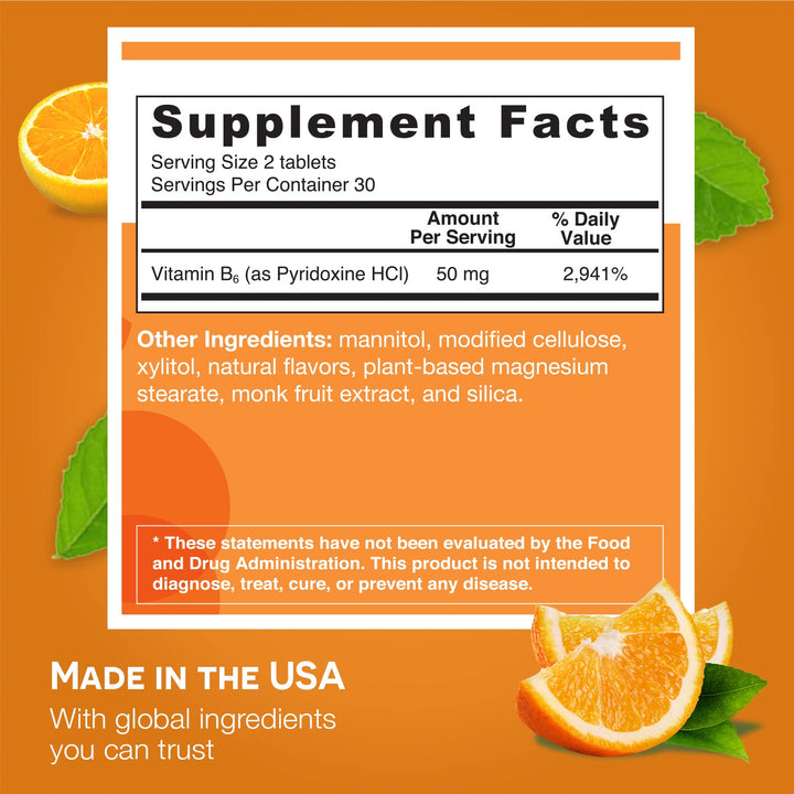 Dissolvable Vitamin B6 50 mg, Sugar-Free, 1-Month Supply