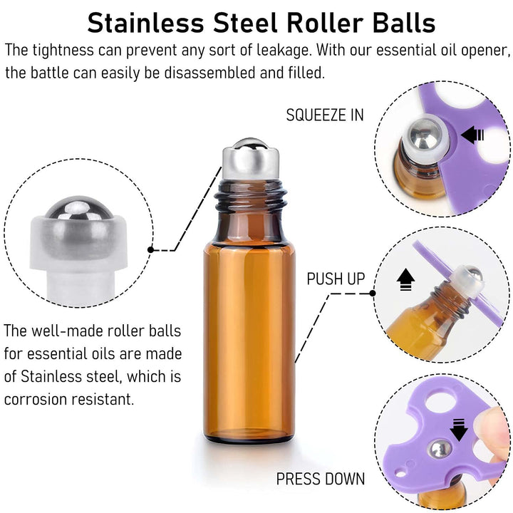 Essential Oil Roller Bottles, 24 Pack Amber Glass Roller Bottles 5ml, Roller Balls for Essential Oils, Roll on Bottles (96 Pieces Labels, 4 Funnels, 4 Dropper, 2 Opener)