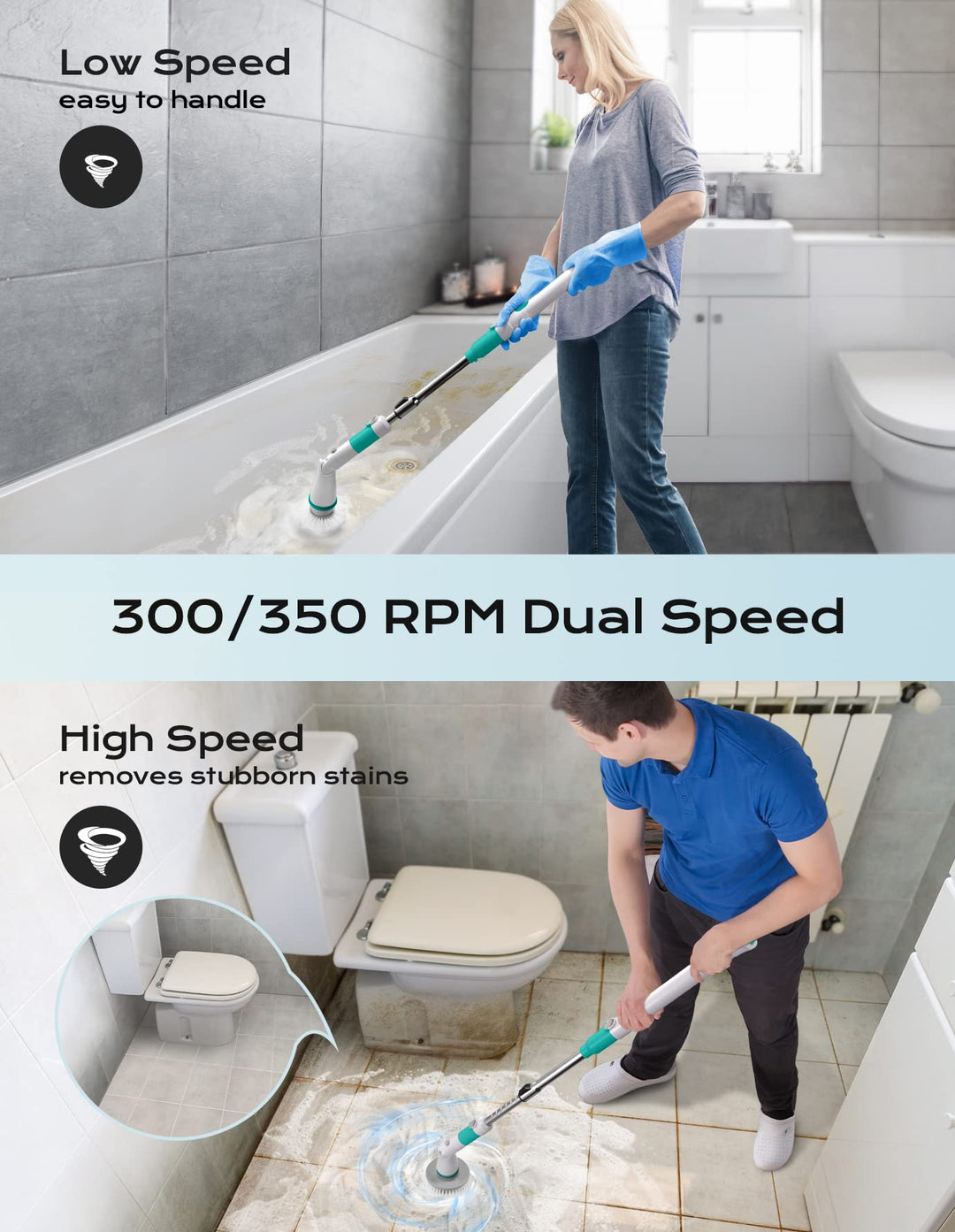 Electric Spin Scrubber, Cordless Cleaning Brush with Adjustable Arm and 4 Replaceable Head, Fast Charging, Multi-Purpose, Shower Scrubber for Bathtub Tile Sink Bathroom Kitchen Grout