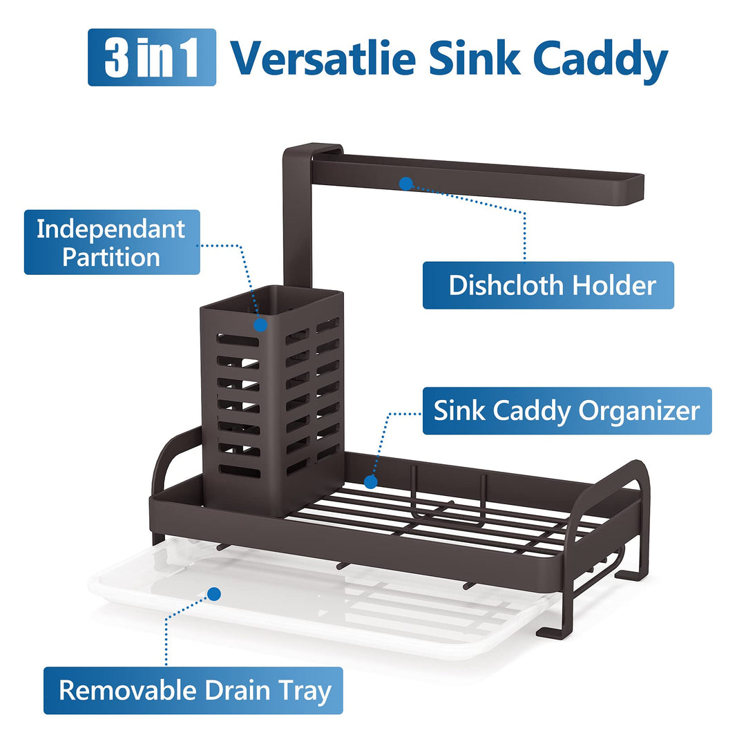 Sink Caddy Organizer, Kitchen Sink Caddy Bronze with Drain Tray Sponge Holder Brush Dishcloth Holder Hanger Countertop for Kitchen