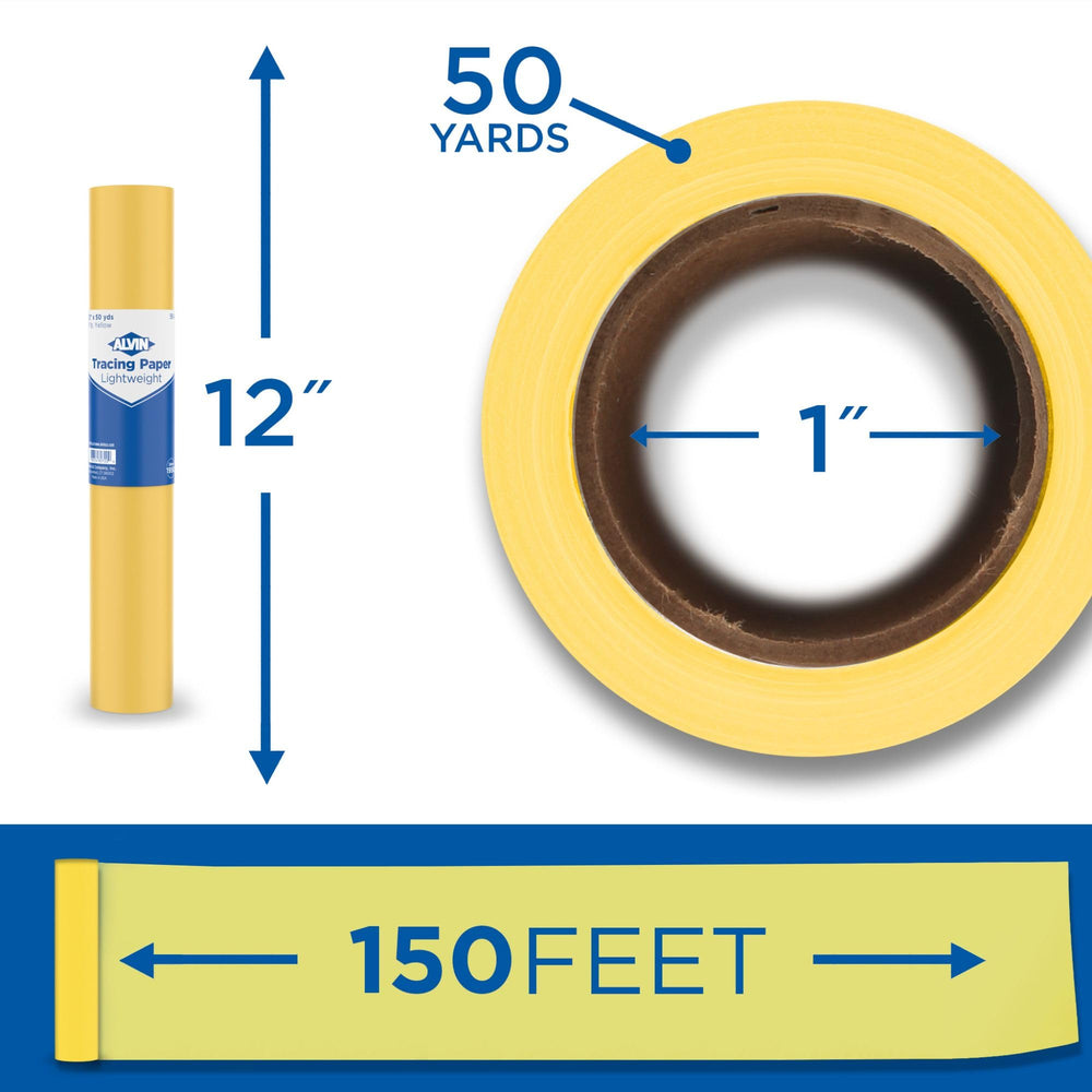 55Y-G Lightweight Tracing Paper Roll, Yellow, Suitable with Ink, Charcoal, Felt Tip Pen, for Sketching or Detailing - 12 inches x 50 Yards, 1-inch Core