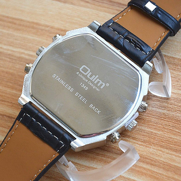 Mens Big Face Watch, Dual Time Zone Leather Strap Sport Watch, Analog Quartz Wrist Watch with Decorative Compass Thermometer Dial