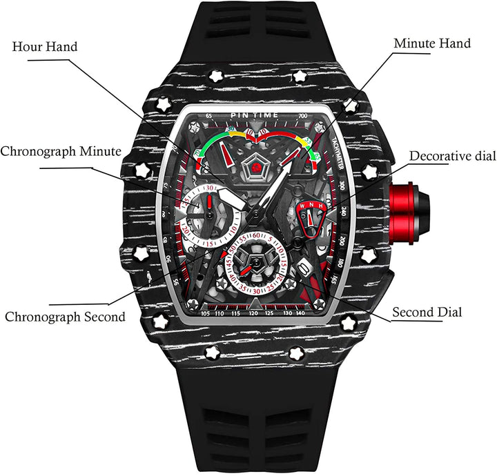 Mens Luxury Tonneau Square Watches Analog Punk Chronograph Unique Sports Wrist Watch Japanese Movement Luminous Design with Rubber Band (X Black Black)